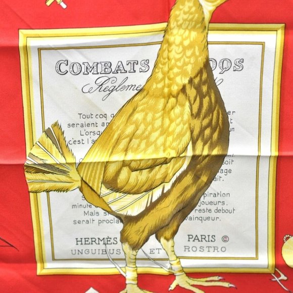 Authentic HERMES Carre 90 Scarf "COMBATS DE COQS" Silk Red Blue - Picture 6 of 16